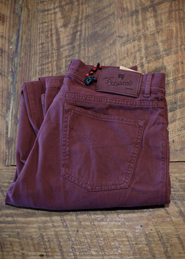 Brushed new Micropique garment dyed 5 pocket model, zip fly in burgundy.