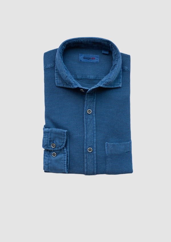 Button-Front Waffle Shirt in Indigo