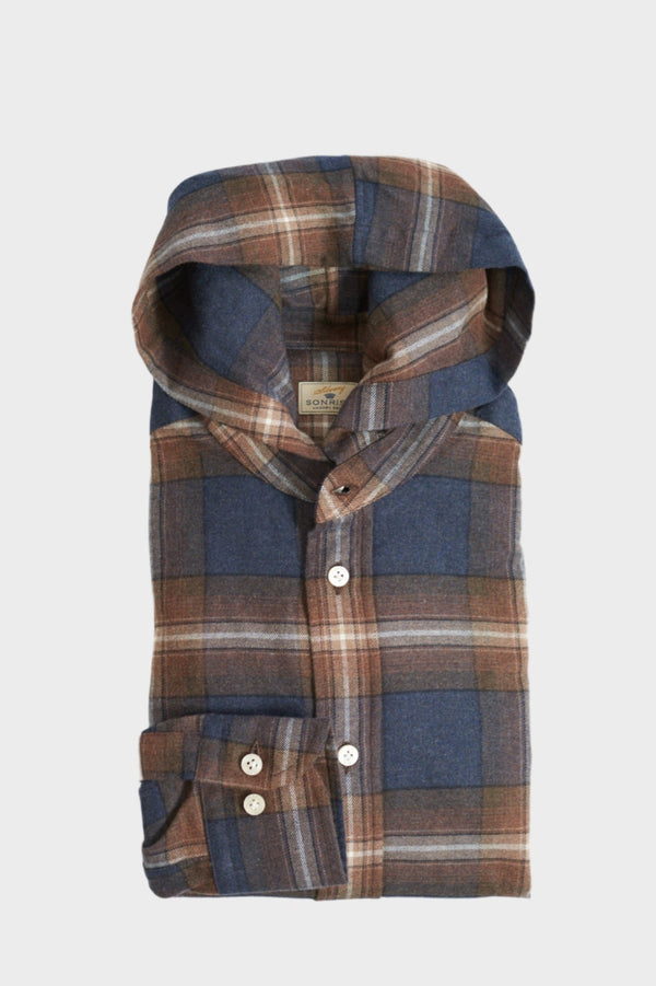 Hooded Flannel Plaid in Brown/Navy